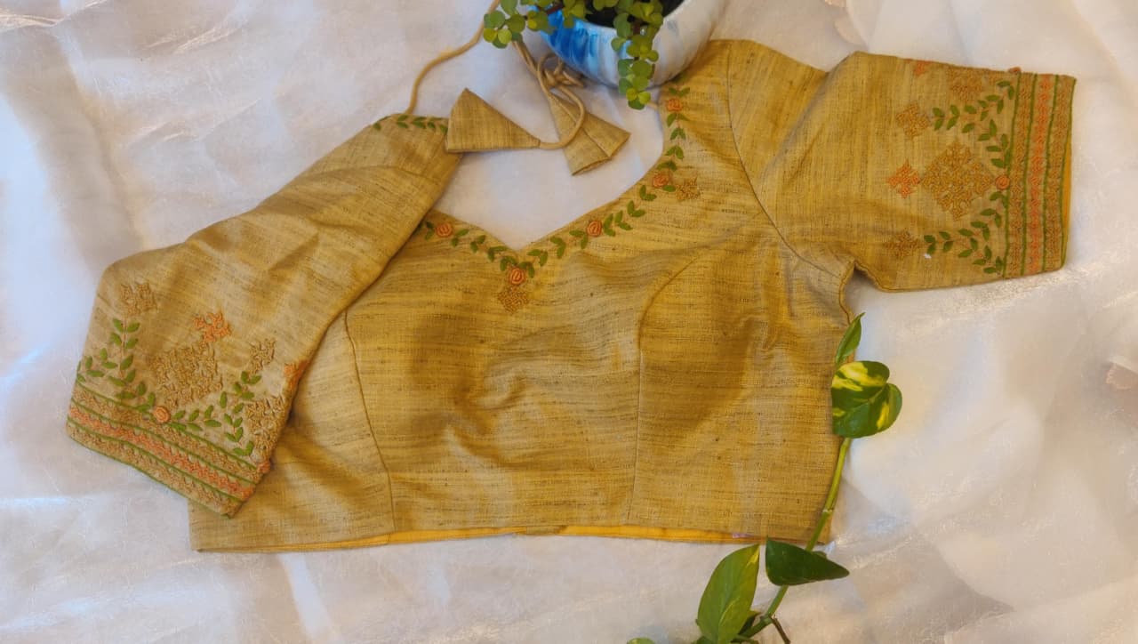 Beige Pure Cotton Embroidered Blouse – Thread Work Pan Design  Blouse for Women