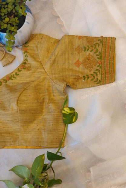 Beige Pure Cotton Embroidered Blouse – Thread Work Pan Design  Blouse for Women