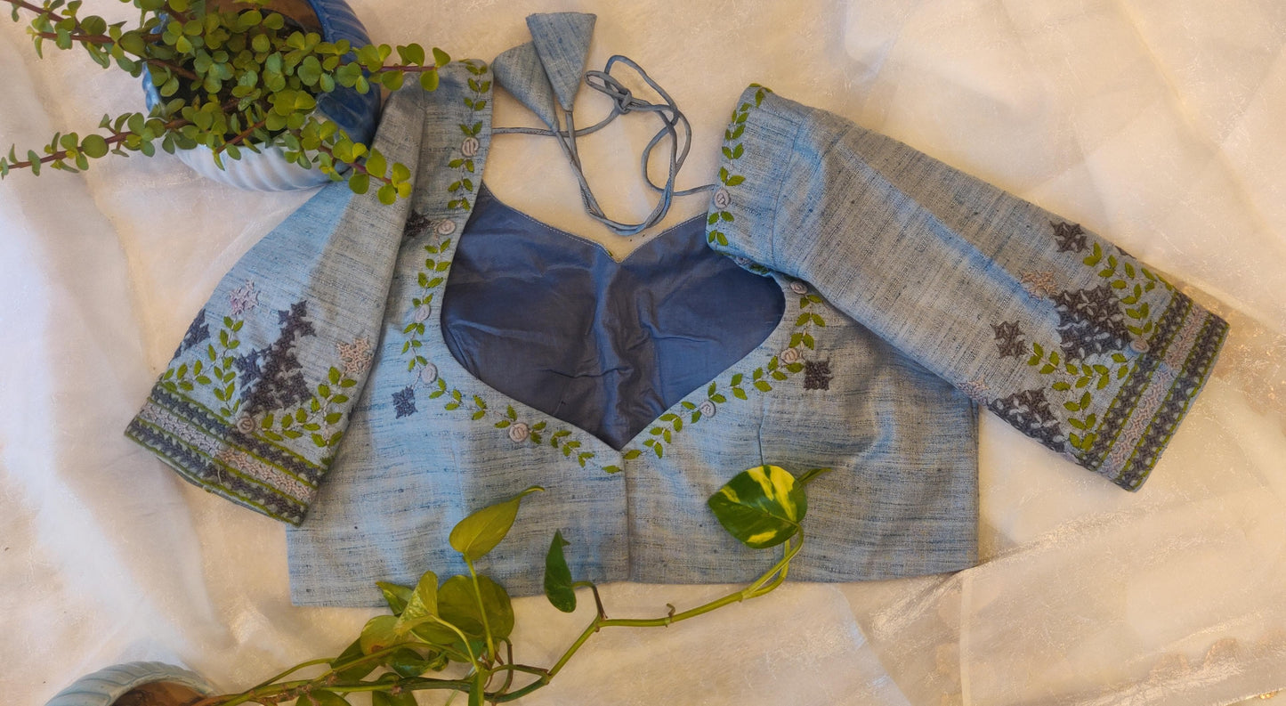 Greyish blue Pure Cotton Embroidered Blouse – Thread Work Pan Design Saree Blouse for Women