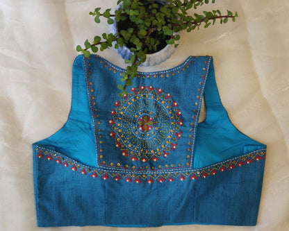 Blue Cossa Silk Embroidered Blouse – Razor Cut Designer Saree Blouse for Women