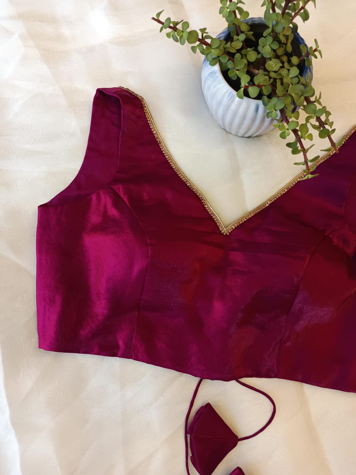 Magenta fandy Sleeveless Backless Blouse – V Neck Padded  Blouse for Women