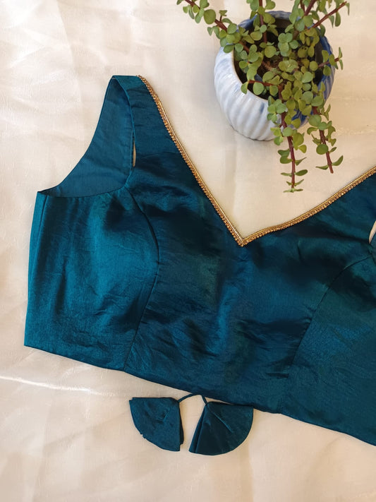 Elegant Teal Fancy Backless Sleeveless Blouse for Women | Designer Saree Blouse
