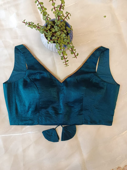 Elegant Teal Fancy Backless Sleeveless Blouse for Women | Designer Saree Blouse