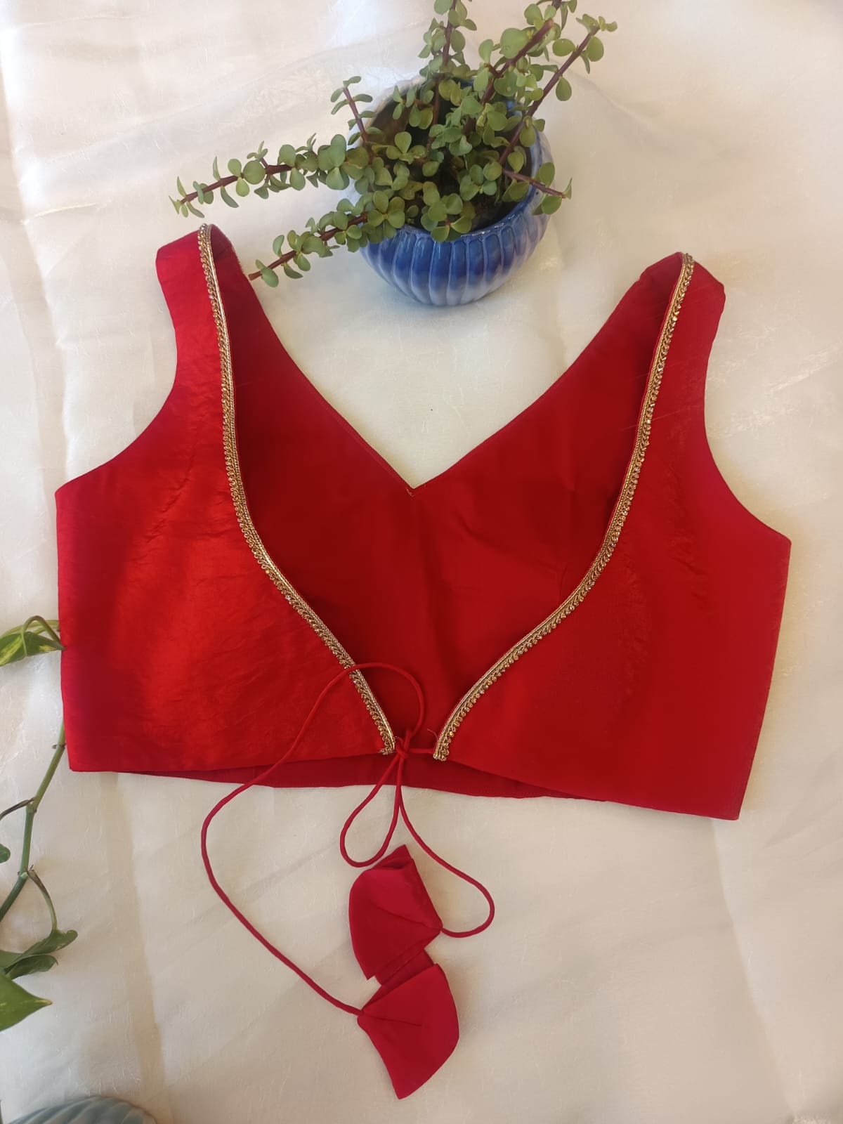 Red Sleeveless Backless Blouse – V Neck Padded  Blouse with Tie-Up Back for Women
