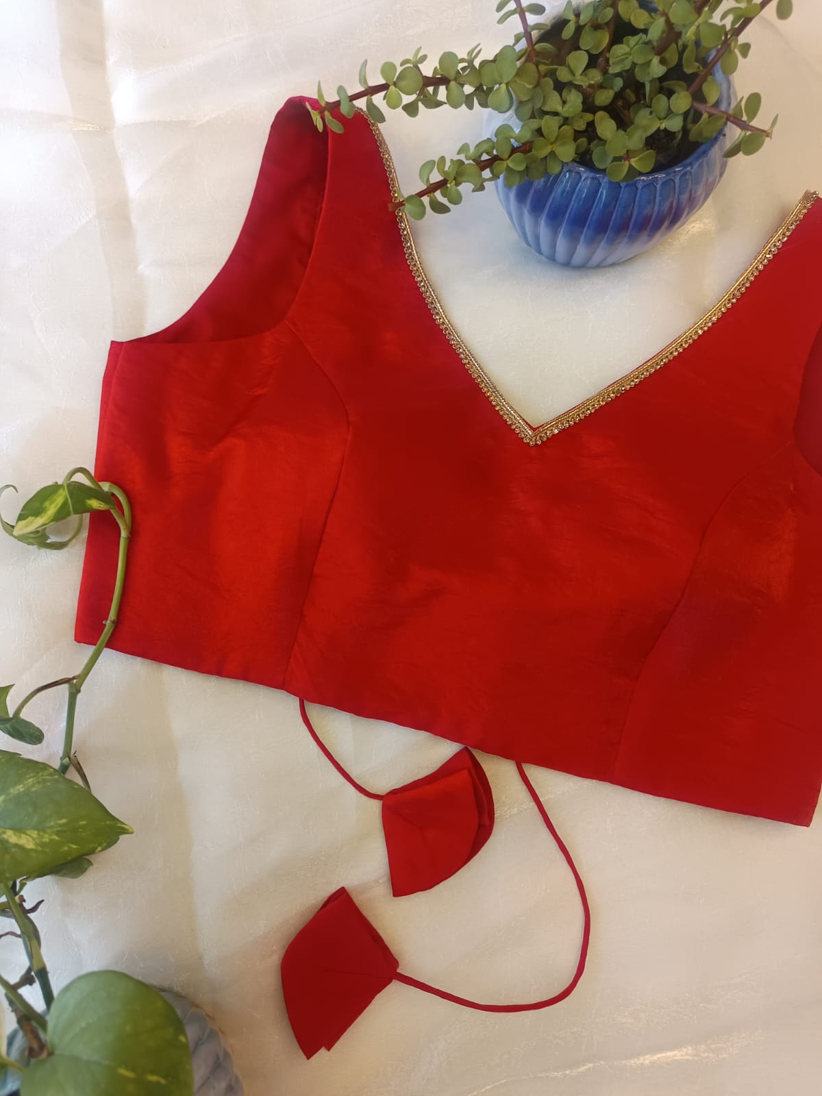 Red Sleeveless Backless Blouse – V Neck Padded  Blouse with Tie-Up Back for Women