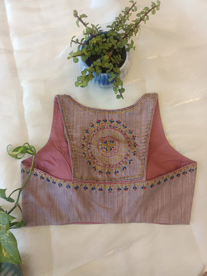Beige Cossa Silk Embroidered Blouse – Razor Cut Sleeveless Designer Saree Blouse for Women