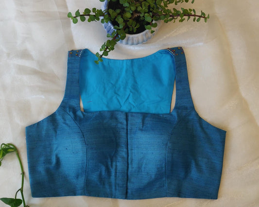 Blue Cossa Silk Embroidered Blouse – Razor Cut Designer Saree Blouse for Women