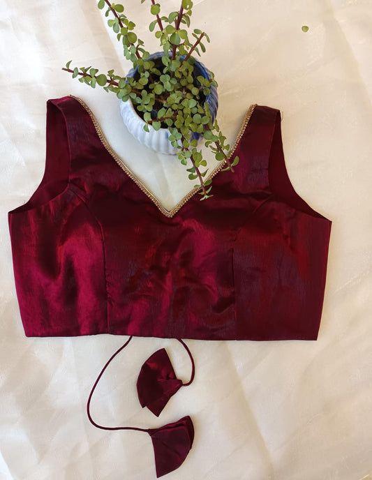 Wine Silk Backless Blouse – Sleeveless V Neck Padded Blouse for Women