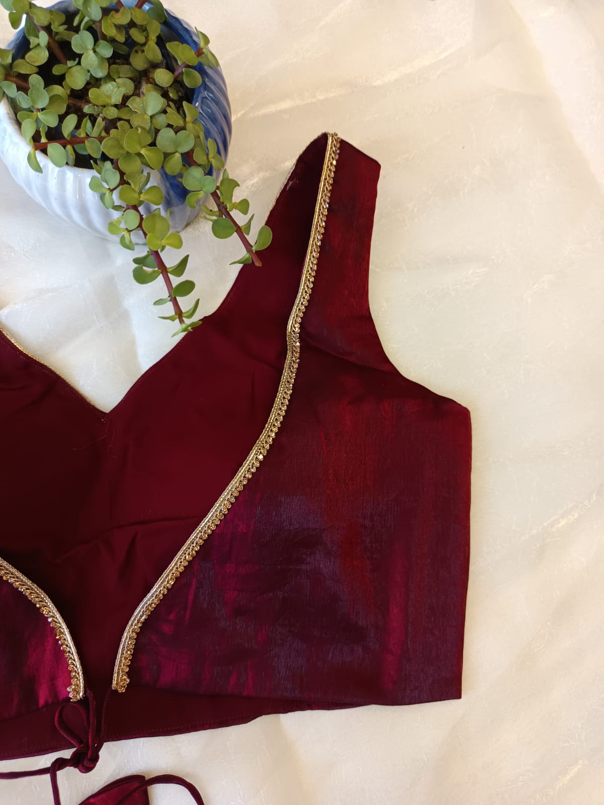 Wine Silk Backless Blouse – Sleeveless V Neck Padded Blouse for Women