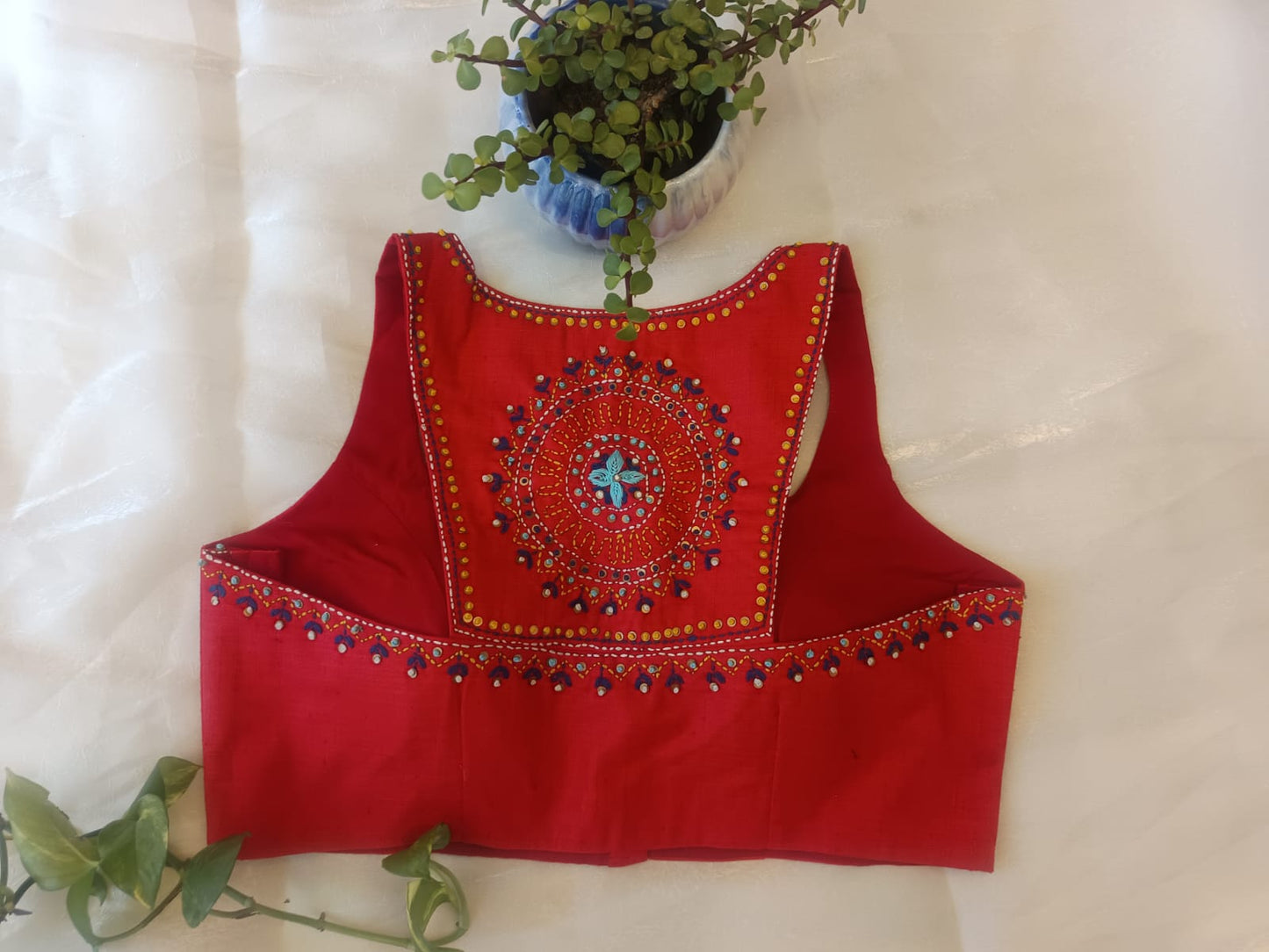 Red Cossa Silk Embroidered Blouse – Razor Cut Designer Saree Blouse for Women