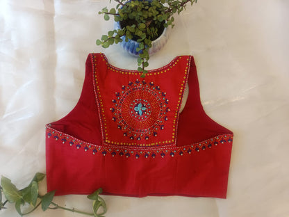 Red Cossa Silk Embroidered Blouse – Razor Cut Designer Saree Blouse for Women