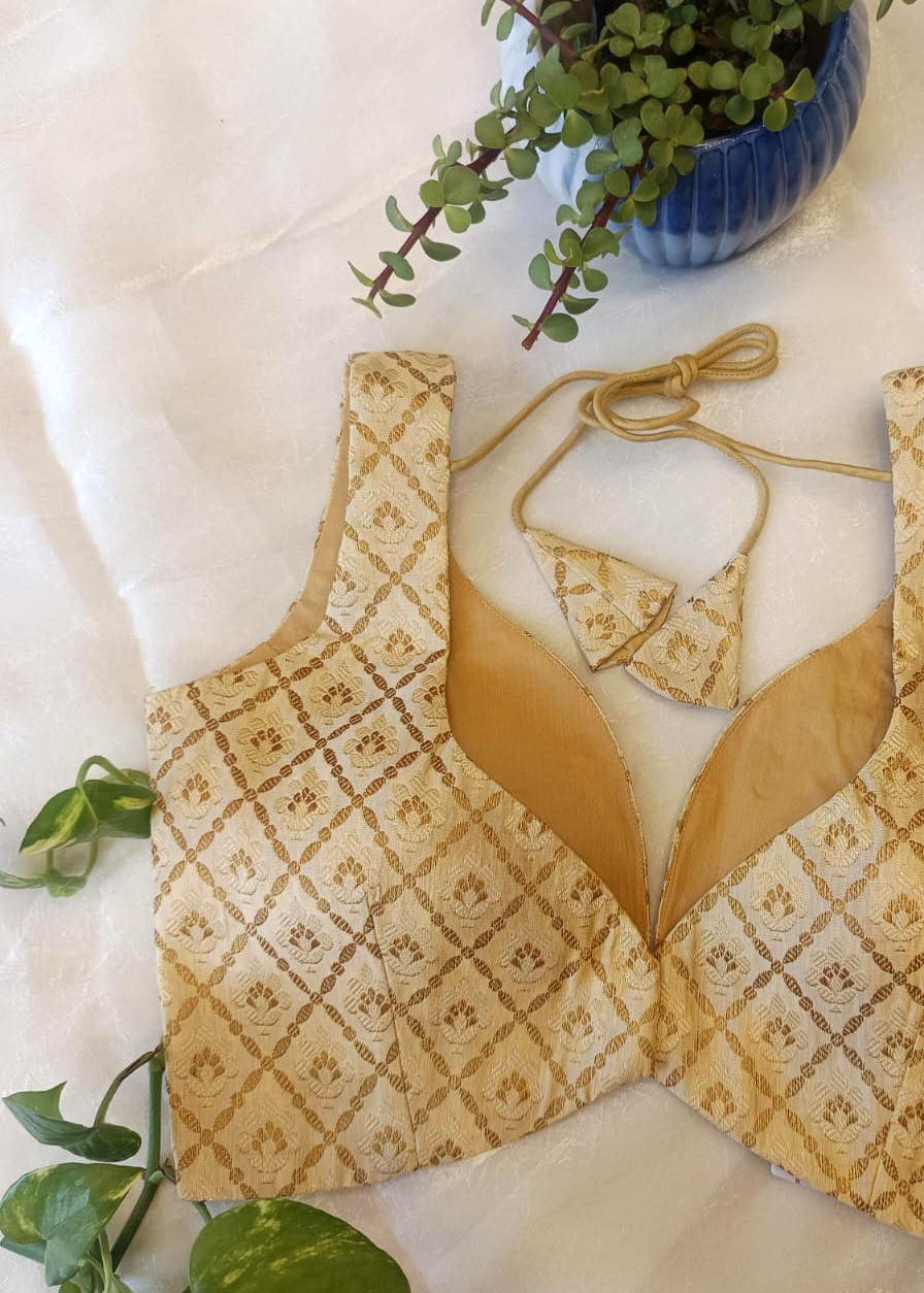 Gold Banarasi Silk Sleeveless Blouse – Deep Neck Padded Saree Blouse for Women