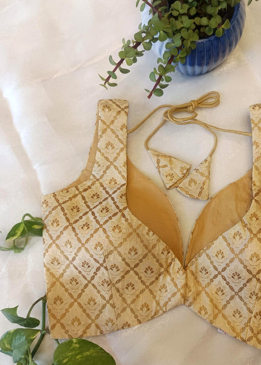 Gold Banarasi Silk Sleeveless Blouse – Deep Neck Padded Saree Blouse for Women