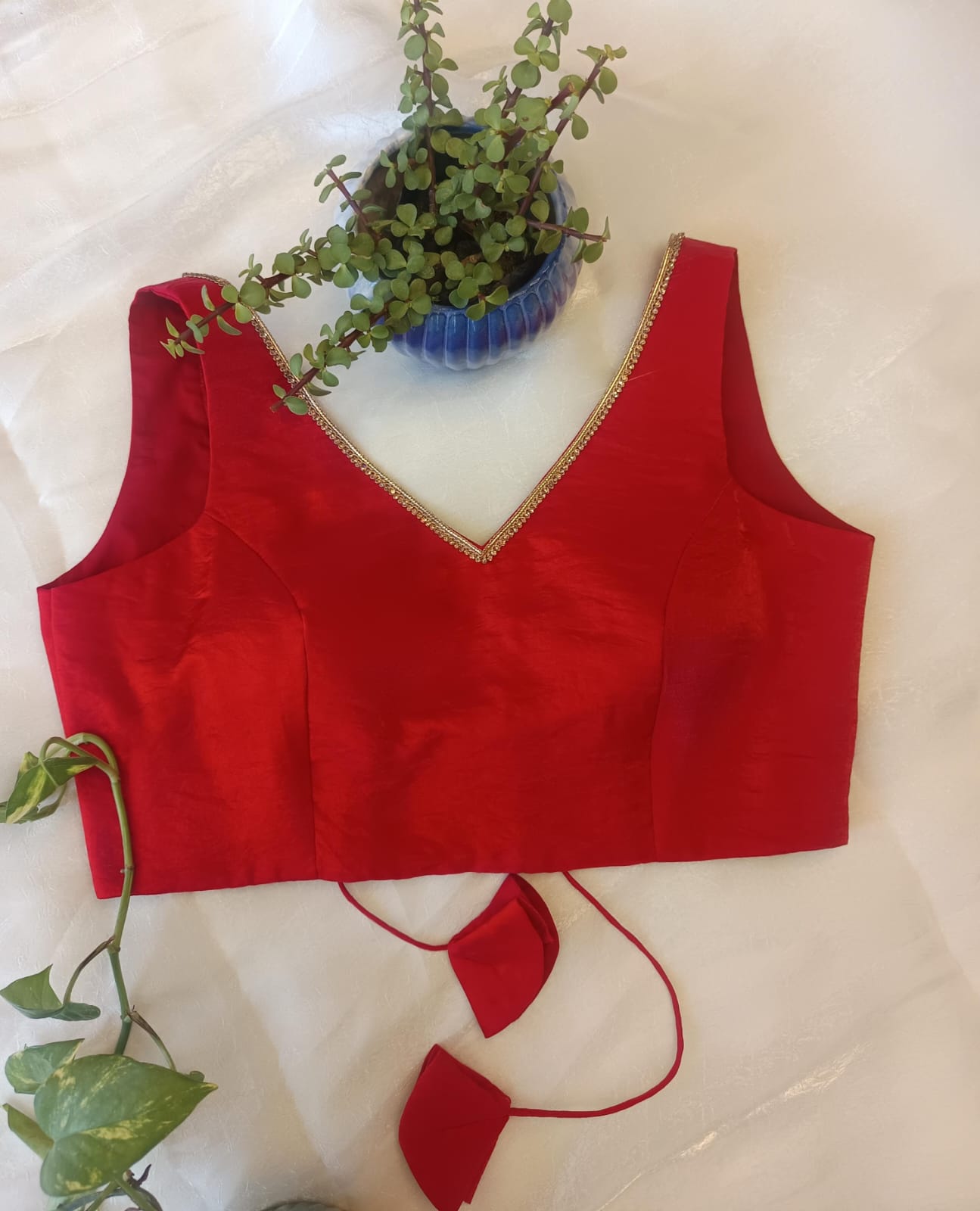 Red Sleeveless Backless Blouse – V Neck Padded  Blouse with Tie-Up Back for Women