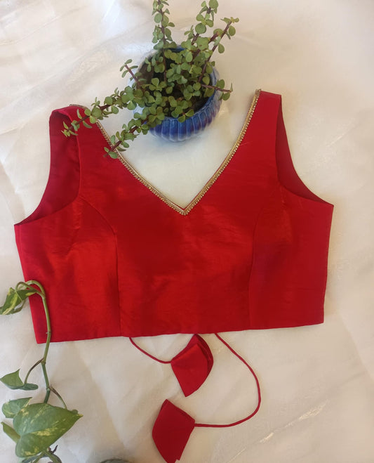 Red Sleeveless Backless Blouse – V Neck Padded  Blouse with Tie-Up Back for Women