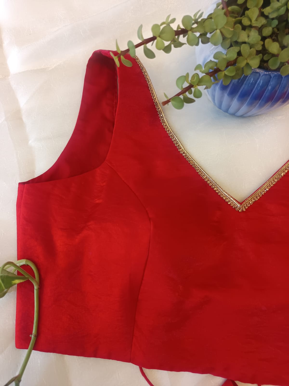 Red Sleeveless Backless Blouse – V Neck Padded  Blouse with Tie-Up Back for Women