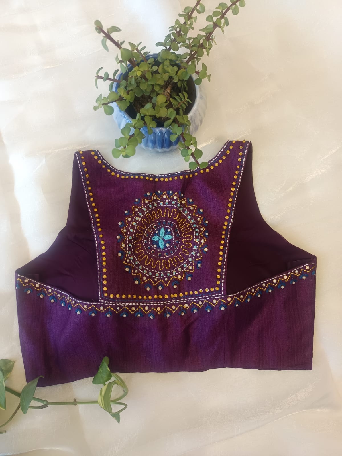 Deep plum purple Razor Cut Cossa Silk Embroidered Blouse for Women