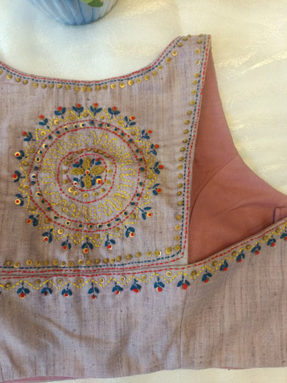 Beige Cossa Silk Embroidered Blouse – Razor Cut Sleeveless Designer Saree Blouse for Women