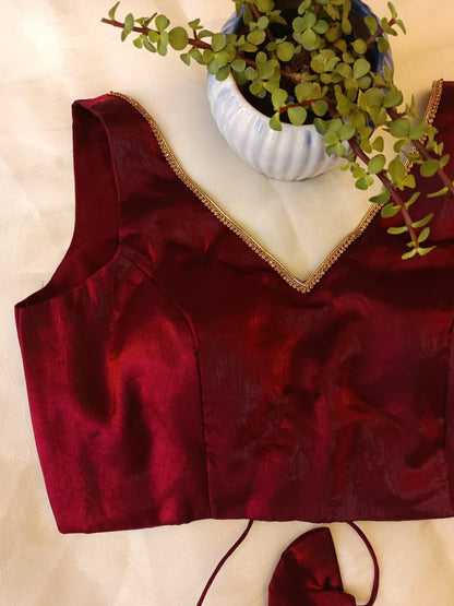 Wine Silk Backless Blouse – Sleeveless V Neck Padded Blouse for Women