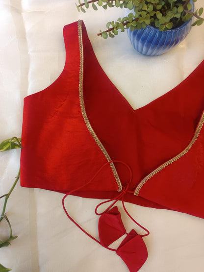 Red Sleeveless Backless Blouse – V Neck Padded  Blouse with Tie-Up Back for Women