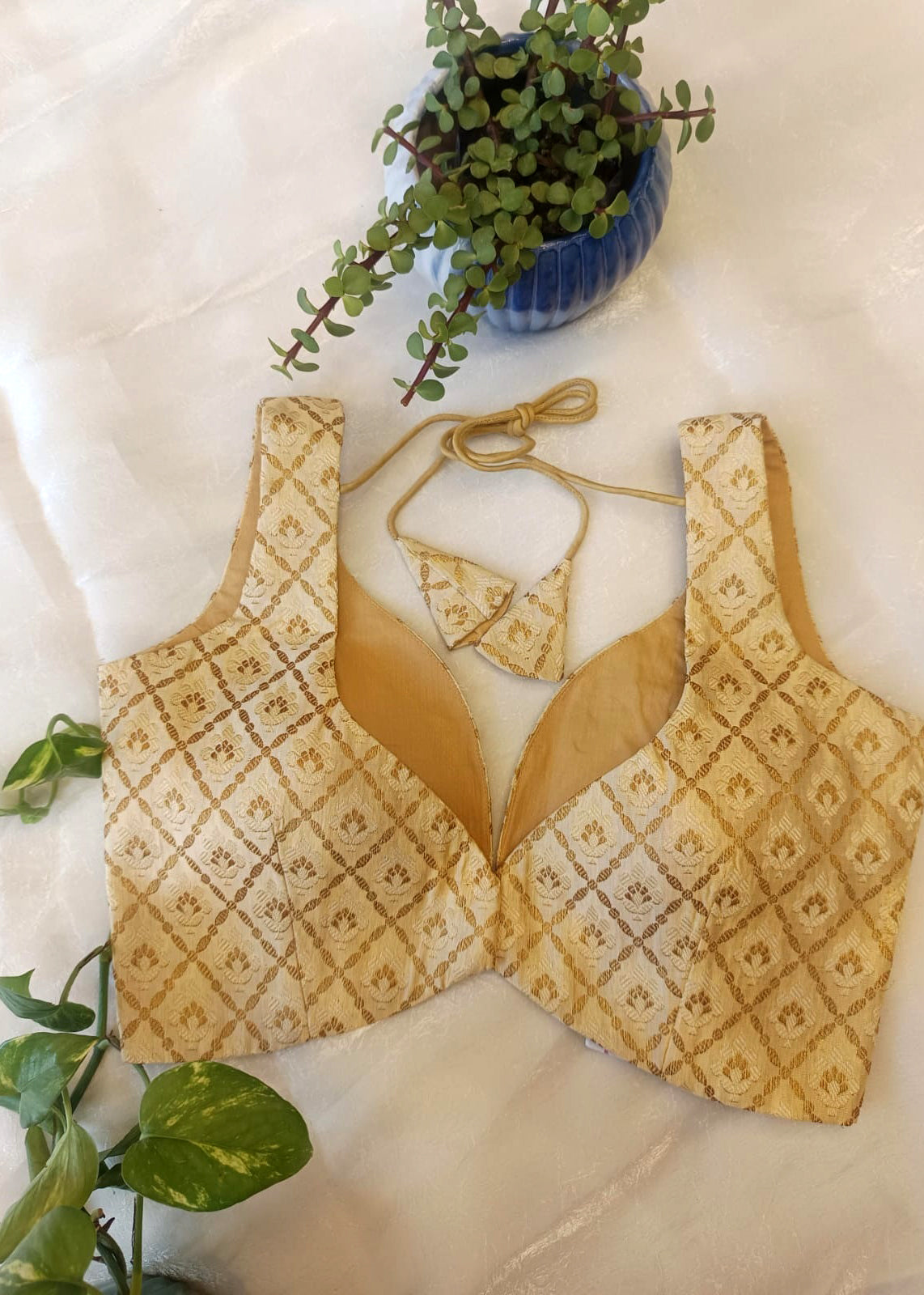 Gold Banarasi Silk Sleeveless Blouse – Deep Neck Padded Saree Blouse for Women