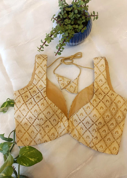Gold Banarasi Silk Sleeveless Blouse – Deep Neck Padded Saree Blouse for Women