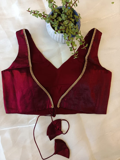 Wine Silk Backless Blouse – Sleeveless V Neck Padded Blouse for Women