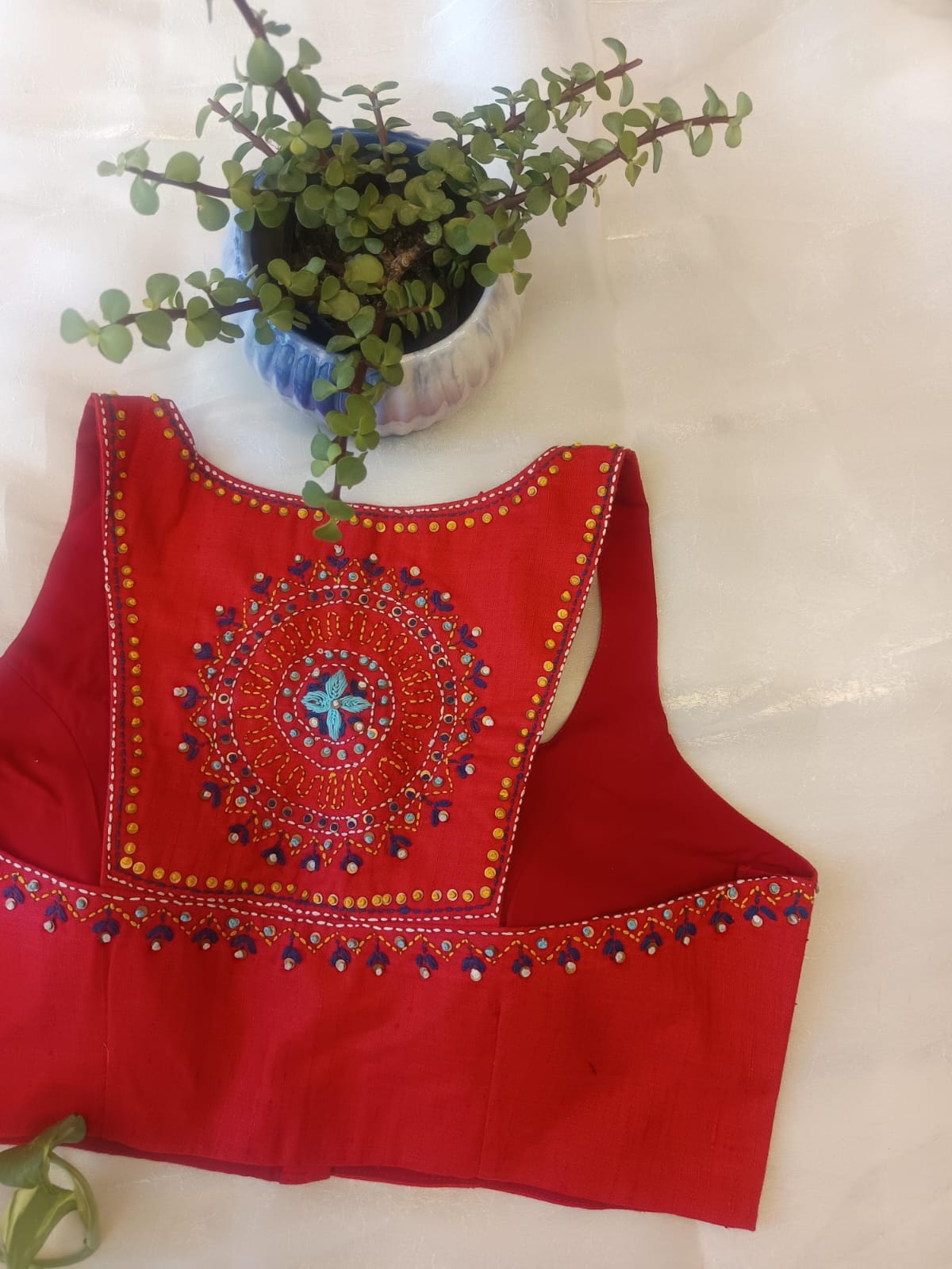 Red Cossa Silk Embroidered Blouse – Razor Cut Designer Saree Blouse for Women