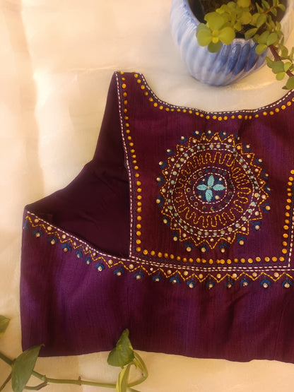 Deep plum purple Razor Cut Cossa Silk Embroidered Blouse for Women