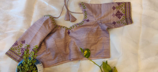 Lavender Pure Cotton Embroidered Blouse – Thread Work Pan Design Saree Blouse for Women