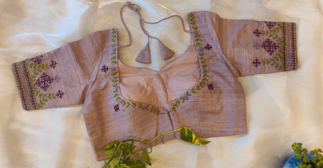 Lavender Pure Cotton Embroidered Blouse – Thread Work Pan Design Saree Blouse for Women