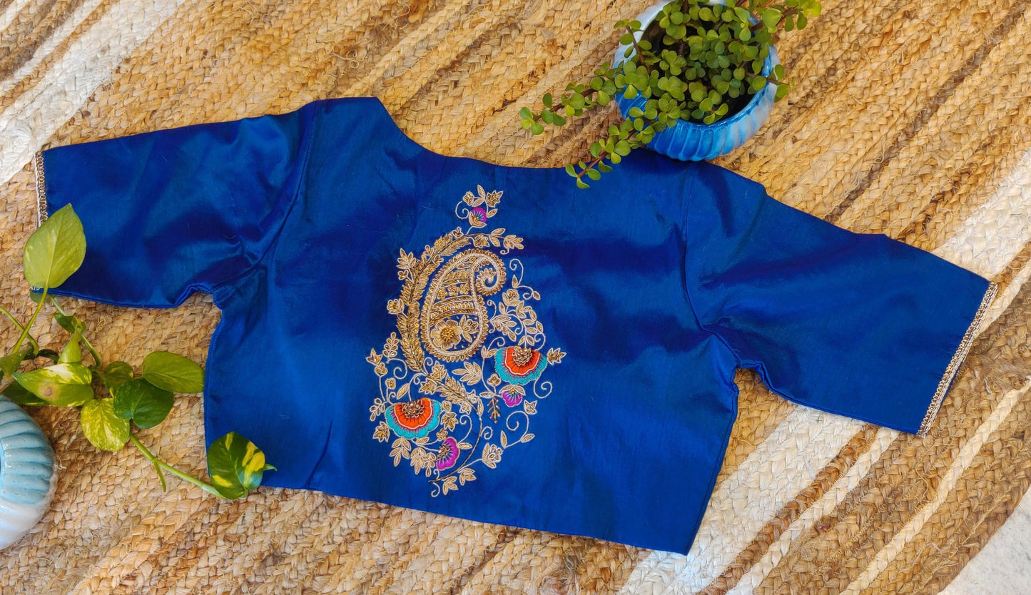 Raw Silk Ari Work Blouse – Designer Embroidered Saree Blouse for Women