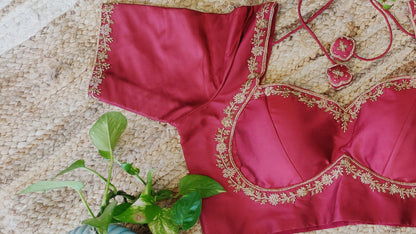 Wine Red Glory Silk Ari Work Blouse – Designer Embroidered Saree Blouse for Women