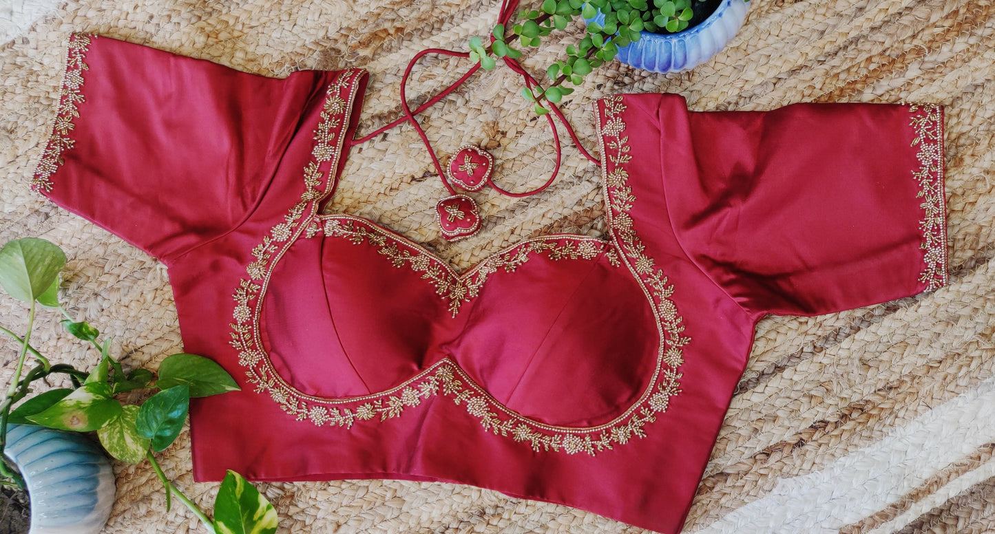Wine Red Glory Silk Ari Work Blouse – Designer Embroidered Saree Blouse for Women