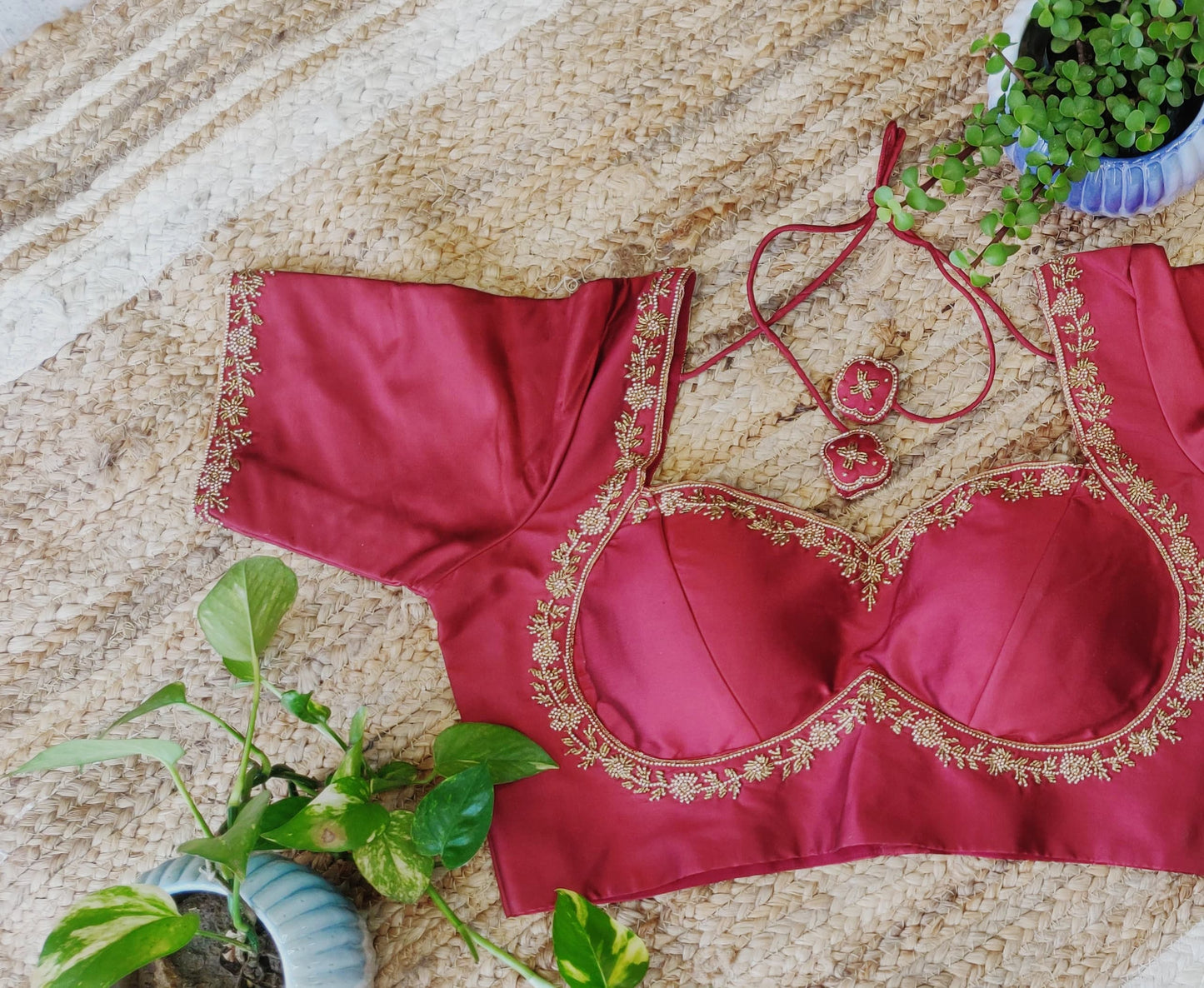 Wine Red Glory Silk Ari Work Blouse – Designer Embroidered Saree Blouse for Women