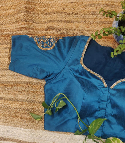 Teal Blue Raw Silk Zardozi Work Blouse – Designer Blouse for Women