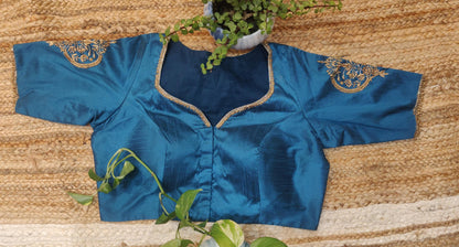 Teal Blue Raw Silk Zardozi Work Blouse – Designer Blouse for Women