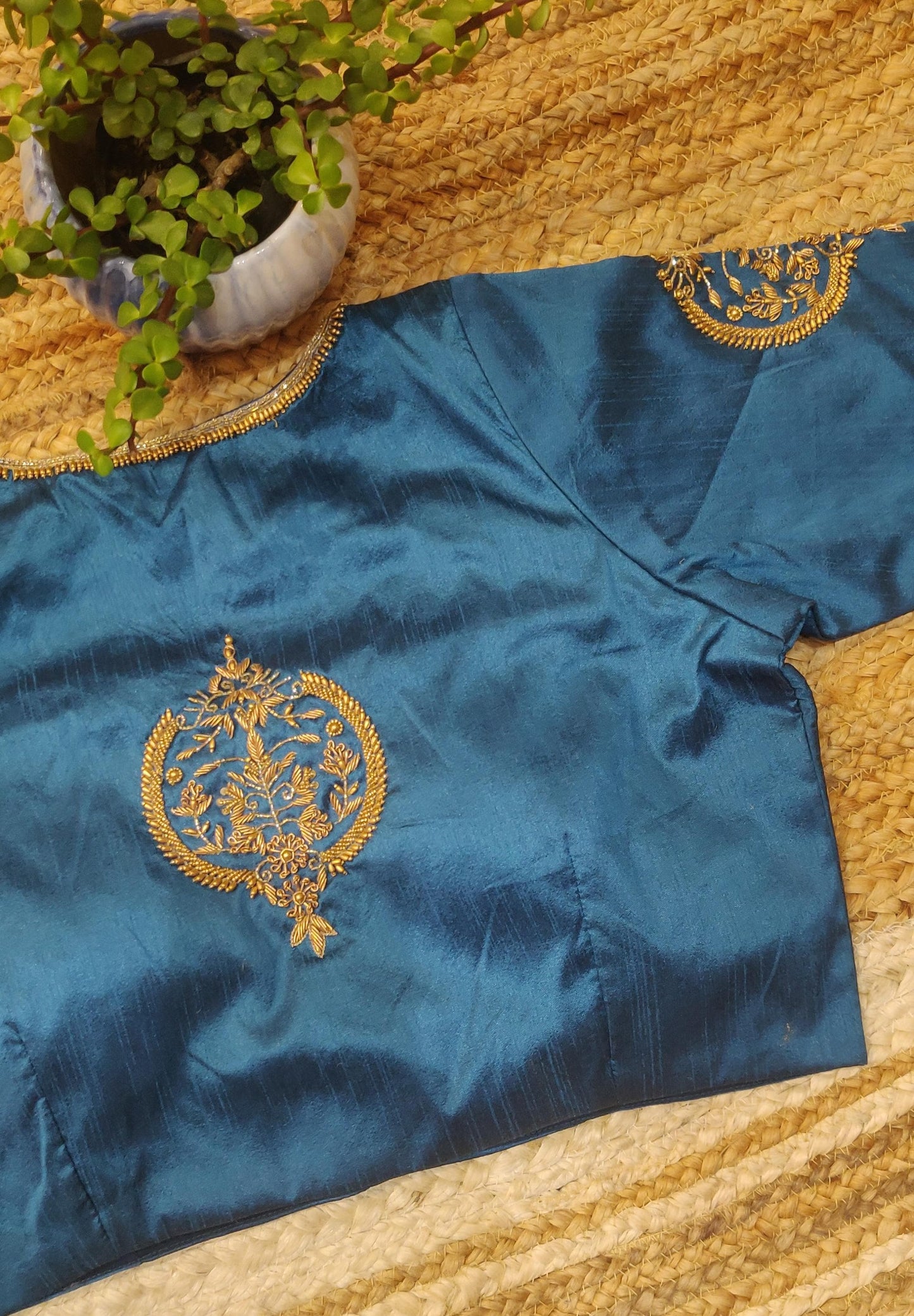 Teal Blue Raw Silk Zardozi Work Blouse – Designer Blouse for Women
