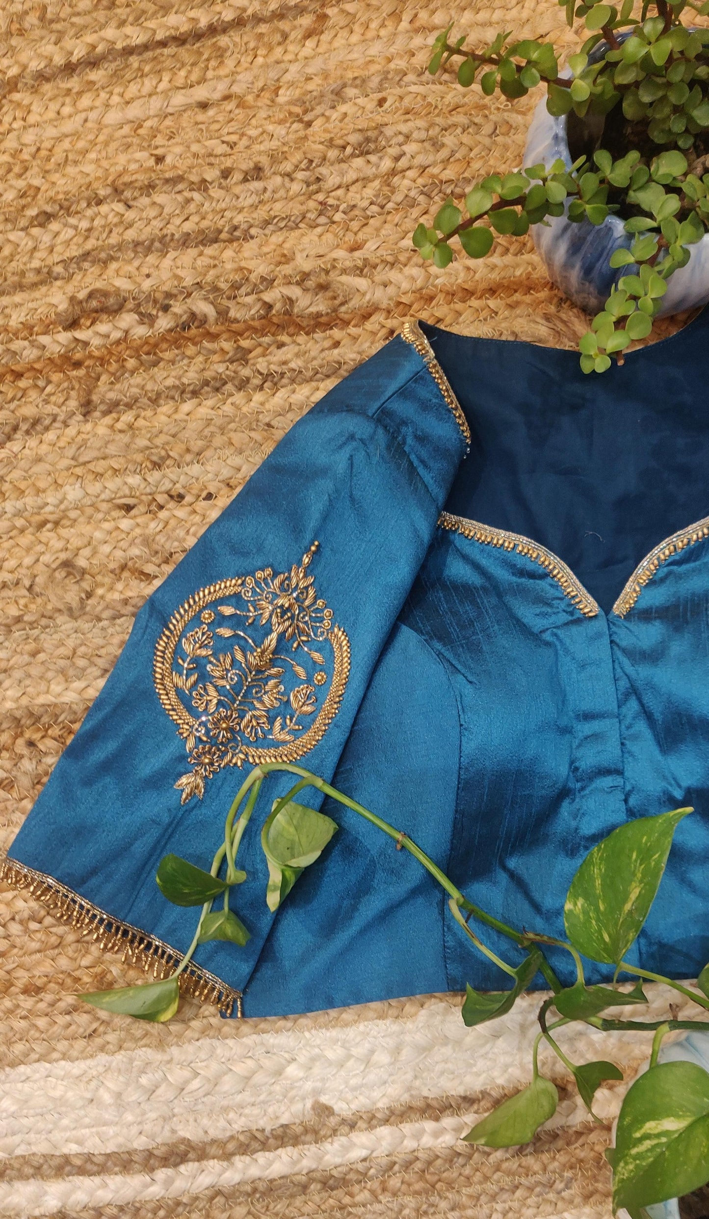 Teal Blue Raw Silk Zardozi Work Blouse – Designer Blouse for Women