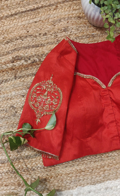 Red Raw Silk Zardozi Work Blouse – Designer Bridal Saree Blouse for Women