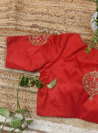 Red Raw Silk Zardozi Work Blouse – Designer Bridal Saree Blouse for Women