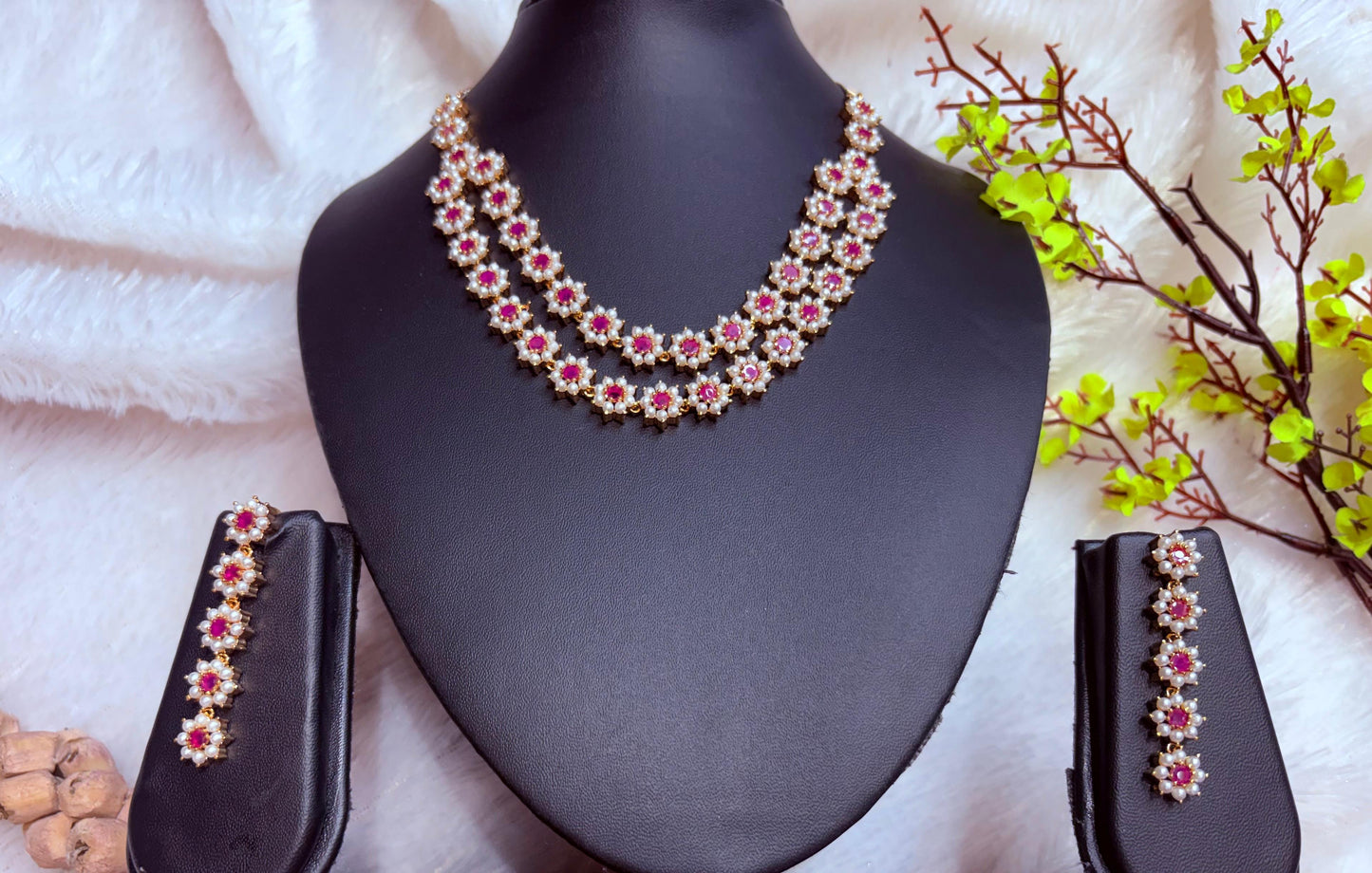 Floral AD Necklace Set with Pink Stones and Earrings