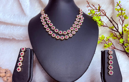 Floral AD Necklace Set with Pink Stones and Earrings