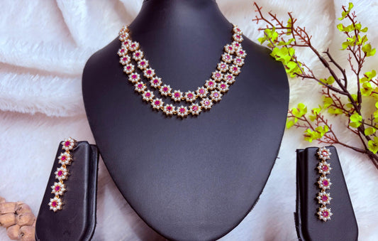 Floral AD Necklace Set with Pink Stones and Earrings