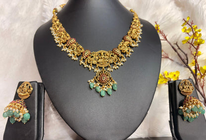 Antique Lakshmi Temple Jewellery Set with Green Beads