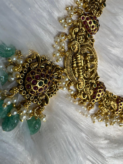 Antique Lakshmi Temple Jewellery Set with Green Beads