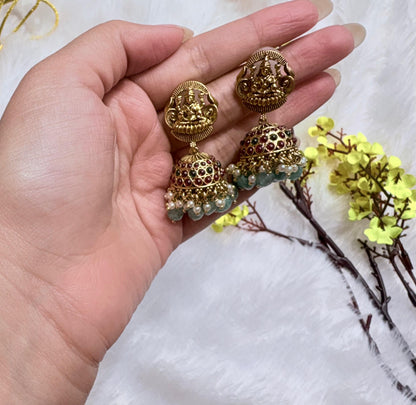 Antique Lakshmi Temple Jewellery Set with Green Beads
