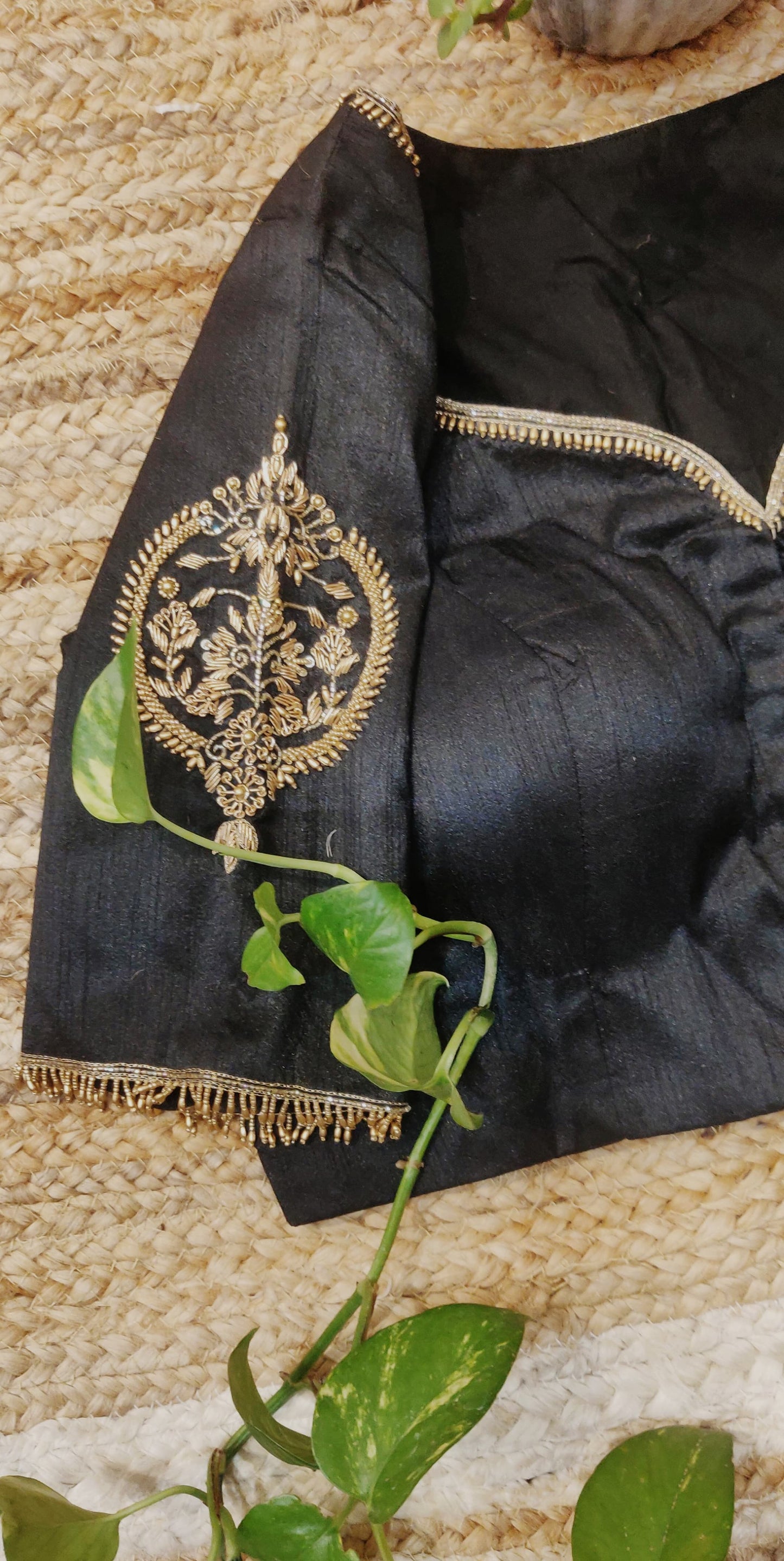Black Raw Silk Zardozi Work Blouse – Designer Embroidered Blouse for Women