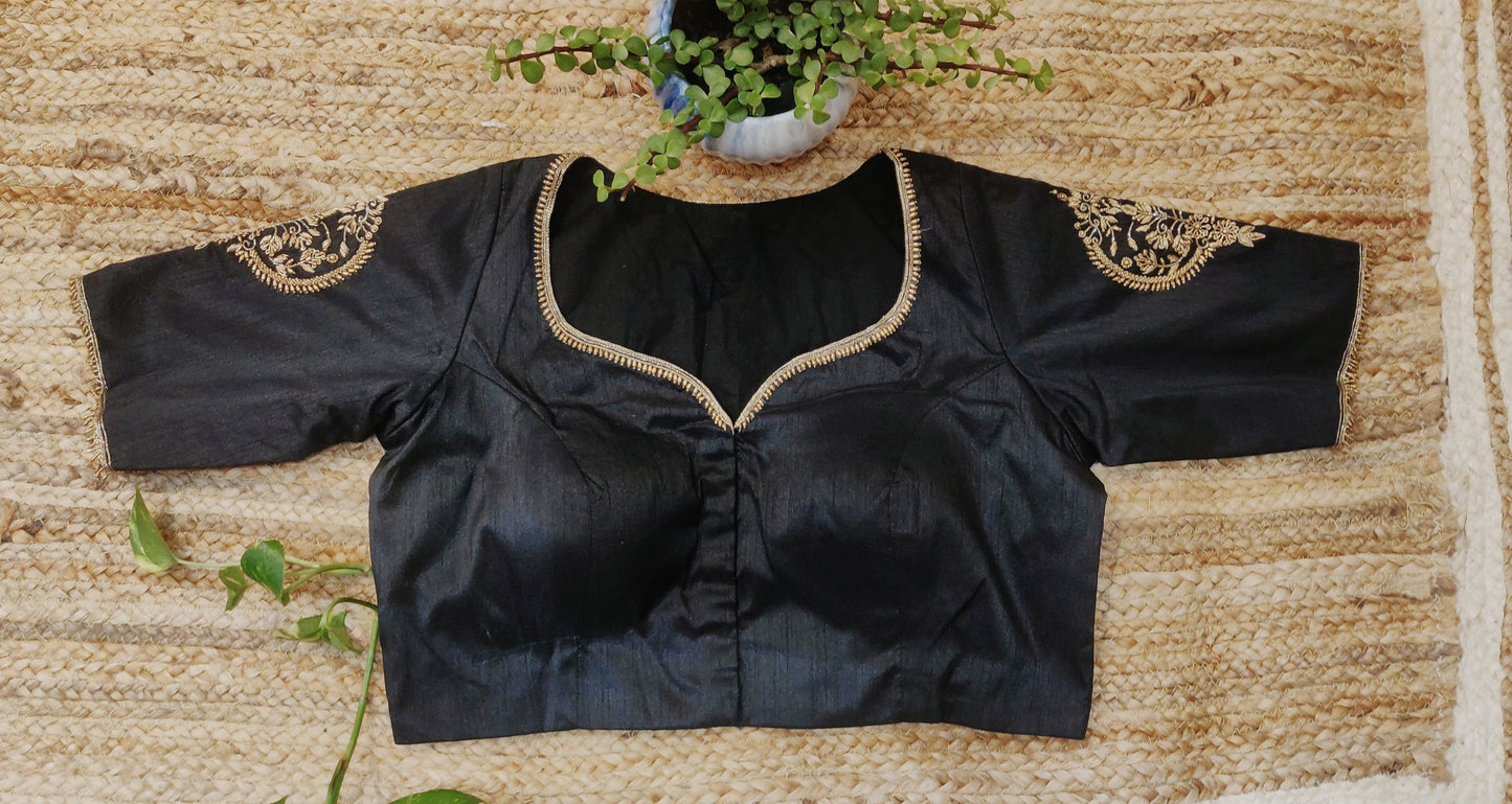 Black Raw Silk Zardozi Work Blouse – Designer Embroidered Blouse for Women