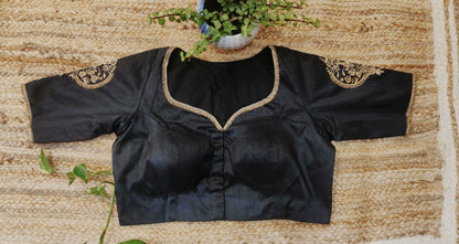 Black Raw Silk Zardozi Work Blouse – Designer Embroidered Blouse for Women